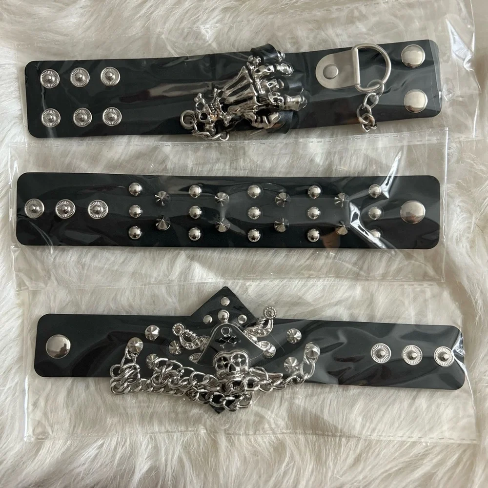 3PCS Spike Studded Bracelet: Rock Biker Wide Set Adjustable Spiked Leather Cuff